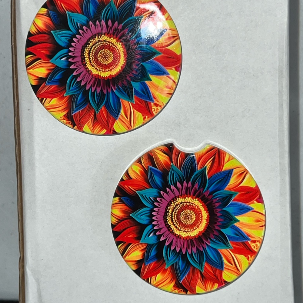 Set of 2 ceramic car coasters rainbow flower